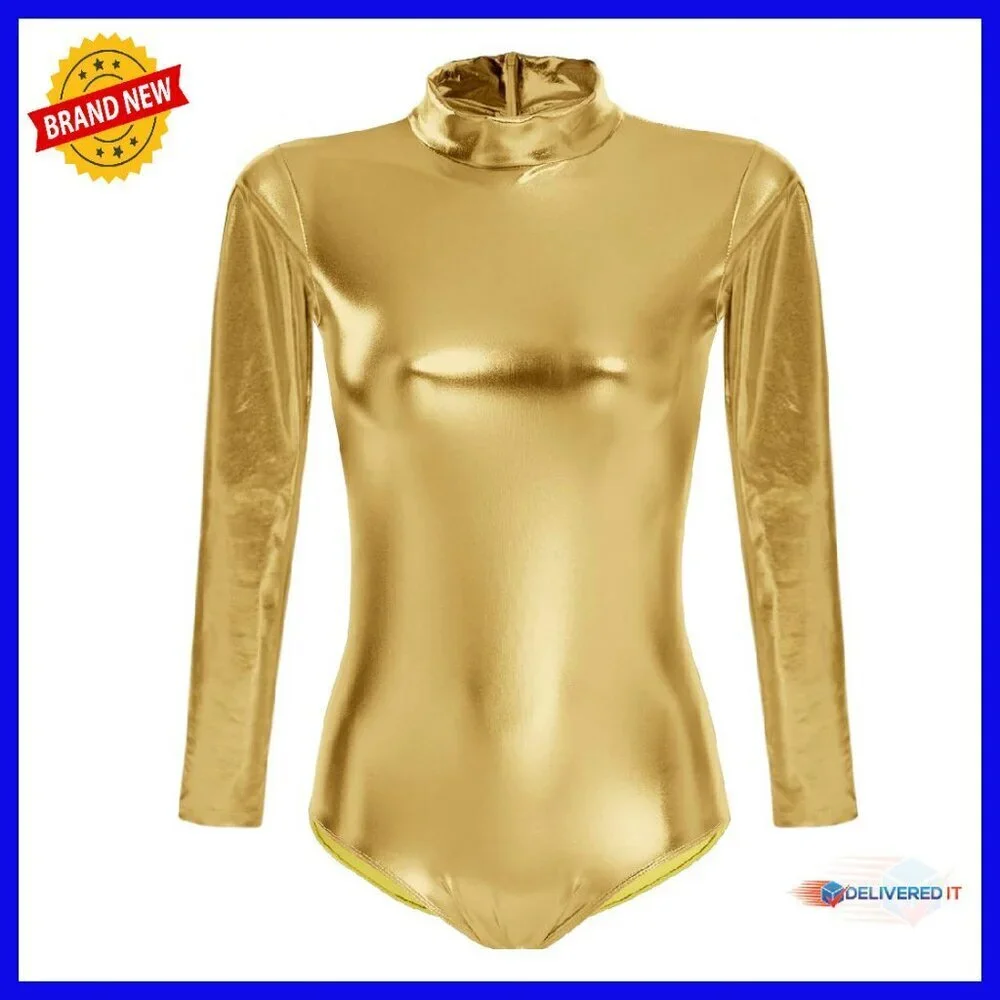 Shiny Metallic Long Sleeve Leotard Mock Turtleneck Bodysuit for Dance